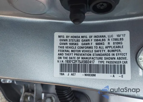 2018 Honda Civic Ex z USA, uszkodzony, nr VIN 19XFC2F75JE002417
